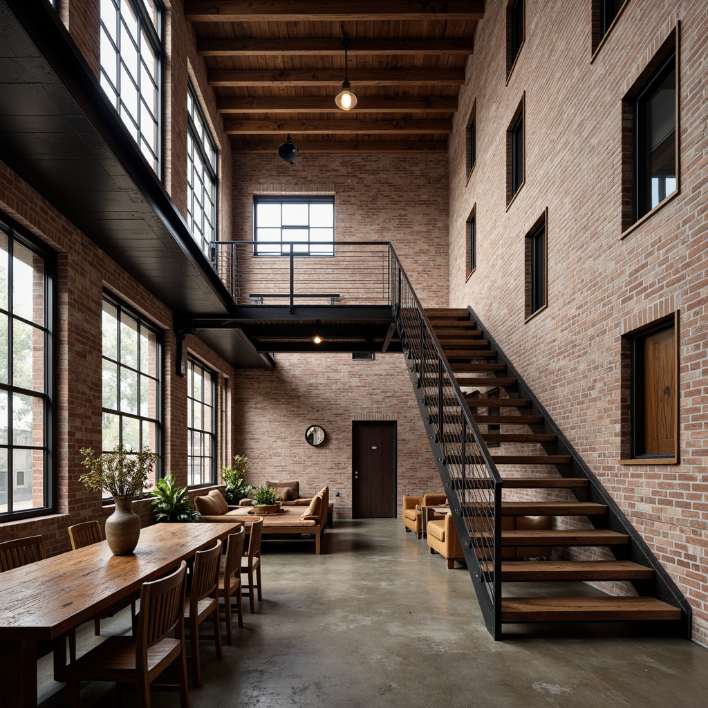 Prompt: Exposed brick walls, metal beams, reclaimed wood treads, industrial-style railings, distressed finishes, urban loft atmosphere, modern minimalist aesthetic, open-plan layout, natural light pouring in, warm neutral color palette, steel cable systems, wooden accents, geometric patterns, mechanical details, bold architectural features, dramatic vertical elements, rich textures, dynamic visual interest, 3/4 composition, high-contrast lighting, realistic metallic materials.