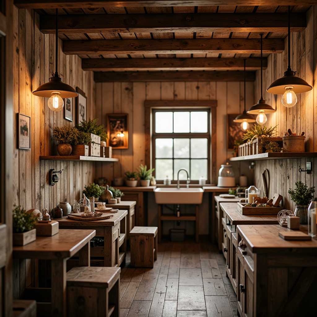 Prompt: Rustic farmhouse, vintage metal lanterns, distressed wood accents, earthy tones, natural textures, warm soft lighting, pendant lamps, exposed bulbs, industrial-chic fixtures, reclaimed wood beams, wooden crates, galvanized metal shades, Edison bulbs, country-style chandeliers, candlelit ambiance, cozy nooks, farmhouse sink, shiplap walls, rustic wooden floors, soft warm glow, golden hour lighting, shallow depth of field, 1/1 composition.