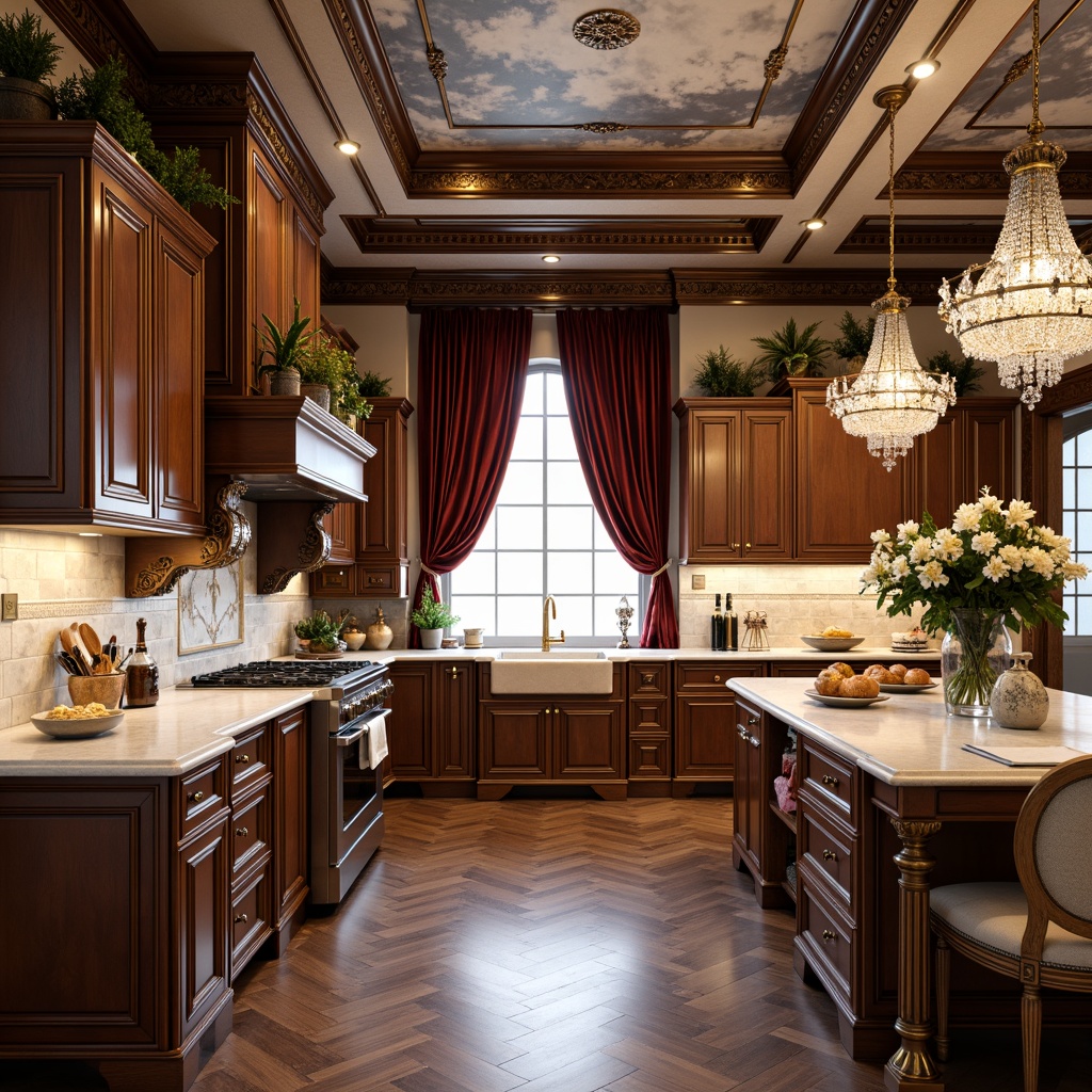 Prompt: Intricate kitchen cabinetry, ornate carvings, gilded accents, luxurious marble countertops, velvet drapes, crystal chandeliers, rich wood tones, golden hardware, antique furniture pieces, lavish decorative trim, frescoed ceiling, warm soft lighting, shallow depth of field, 2/3 composition, realistic textures, ambient occlusion.