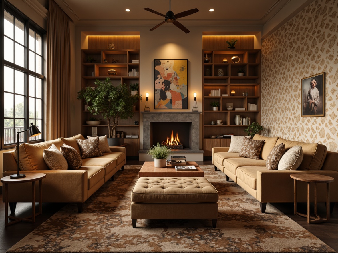 Prompt: Cozy conversation pit, plush sectional sofas, rich velvet fabrics, tufted ottomans, wooden accent tables, metal floor lamps, natural fiber rugs, statement wallpaper, eclectic art pieces, mix-and-match throw pillows, warm beige tones, soft golden lighting, 1/1 composition, intimate atmosphere, realistic textures, subtle shadowing.