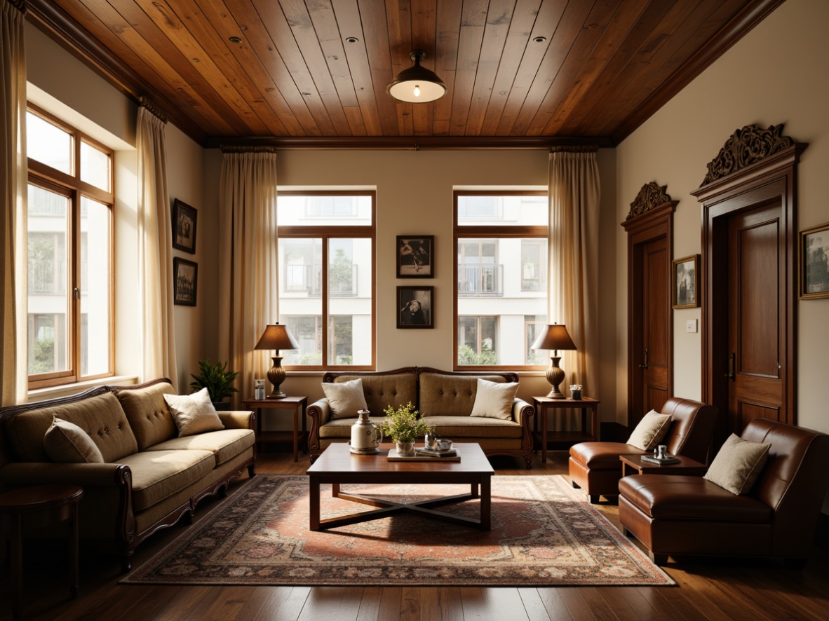 Prompt: Cozy dorm room, classic wood furniture, ornate carvings, comfortable plush couches, elegant coffee tables, vintage rugs, warm beige walls, soft cream curtains, rich brown leather armchairs, antique bronze lamps, minimalist decor, symmetrical arrangement, 2/3 composition, warm soft lighting, shallow depth of field, realistic textures, ambient occlusion.