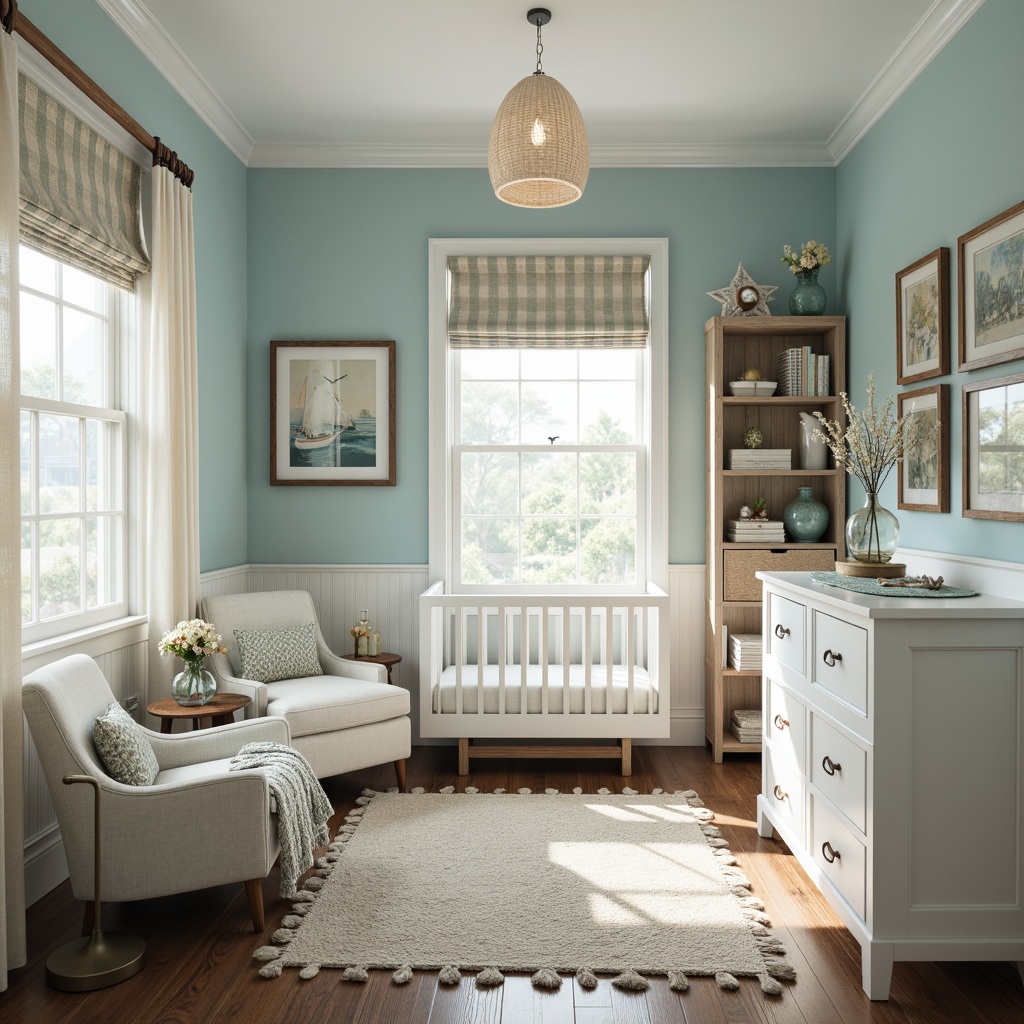 Prompt: Soft blue nursery walls, coastal-themed furniture, wavy white crib, driftwood-inspired decor, ocean-breeze color palette, seafoam green accents, sandy beige textures, natural linen fabrics, rope-trimmed curtains, nautical navy stripes, shells and starfish ornaments, gentle wave-patterned rug, warm beachy lighting, shallow depth of field, 1/2 composition, cozy reading nook, vintage sailing maps, distressed wood shelves, sea-glass vases.