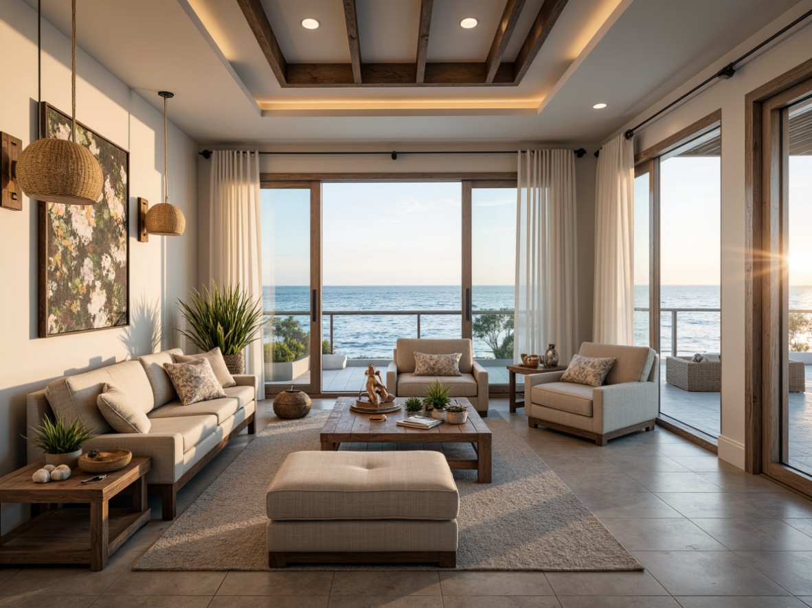 Prompt: Coastal-themed living room, nautical accents, ocean-inspired color palette, soft warm lighting, pendant lamps with glass shades, rustic wooden fixtures, woven rattan pendants, natural linen shades, distressed metal sconces, vintage nautical instruments, driftwood decorations, shells and pebbles, beachy textures, calming ambiance, seaside views, floor-to-ceiling windows, sliding glass doors, breezy atmosphere, 1/1 composition, soft focus, warm color temperature.