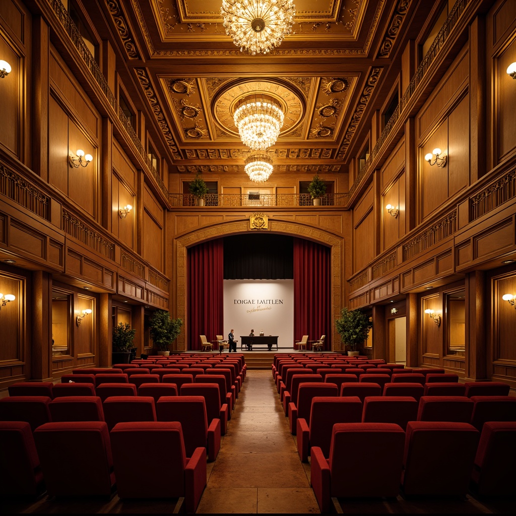 Prompt: \Elegant academic auditorium, ornate chandeliers, warm golden lighting, rich wood paneling, plush red velvet seats, dramatic stage lighting, soft spotlighting, subtle floor lamps, sophisticated architectural details, grand high ceilings, intricate moldings, refined neutral color palette, subtle texture variations, realistic material reflections, shallow depth of field, 1/1 composition, intimate atmosphere, warm ambient glow.\Let me know if you need any adjustments!