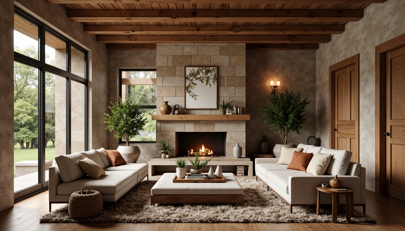 Prompt: Cozy great room, textured walls, warm earthy tones, natural stone accents, rustic wooden beams, plush area rugs, comfortable sofas, oversized windows, soft diffused lighting, 1/2 composition, shallow depth of field, realistic textures, ambient occlusion.