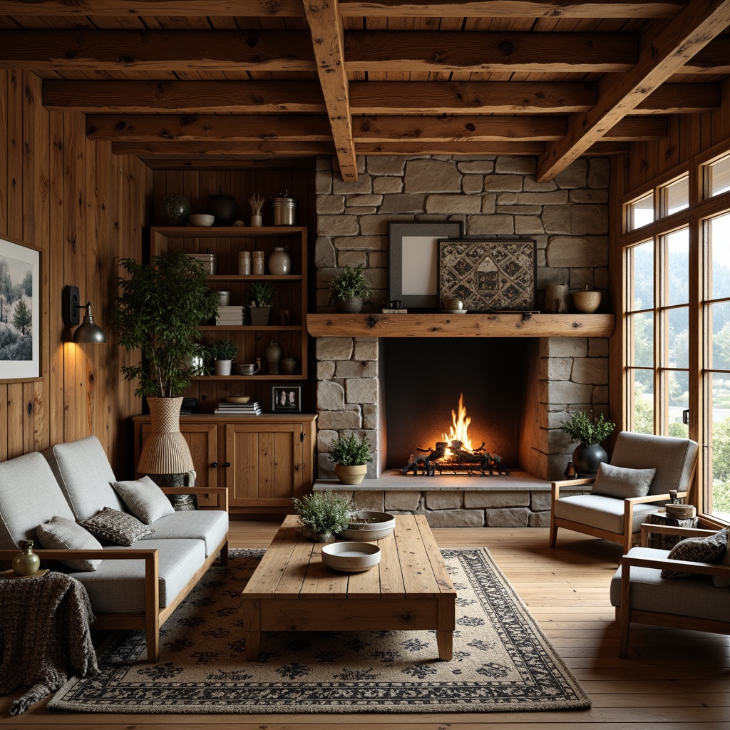 Prompt: Rustic cabin, wooden accents, natural stone walls, earthy color palette, distressed wood textures, vintage metalware, exposed beams, reclaimed lumber, cozy fireplace, woven textiles, plush furnishings, warm ambient lighting, shallow depth of field, 1/1 composition, soft focus, cinematic mood, organic shapes, handcrafted details, worn-in look.