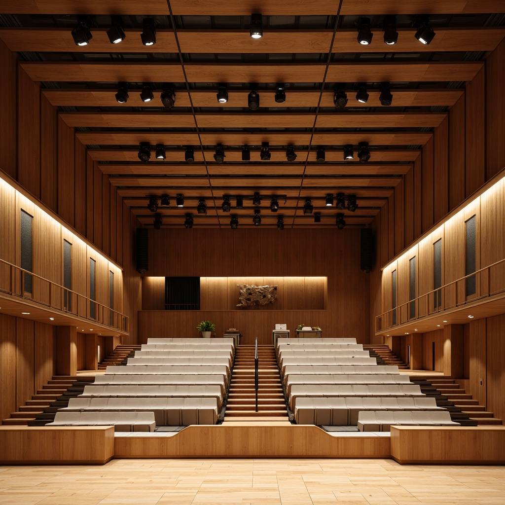 Prompt: Wooden auditorium, elevated stage, curved rows of seats, professional lighting rigs, soundproofing materials, acoustic panels, absorptive fabrics, minimalist decor, neutral color scheme, modern lectern, comfortable seating, optimal sightlines, natural wood tones, subtle ambient lighting, soft box seating, tiered floor plan, precise sound engineering, 1/1 composition, realistic textures, detailed normal maps.