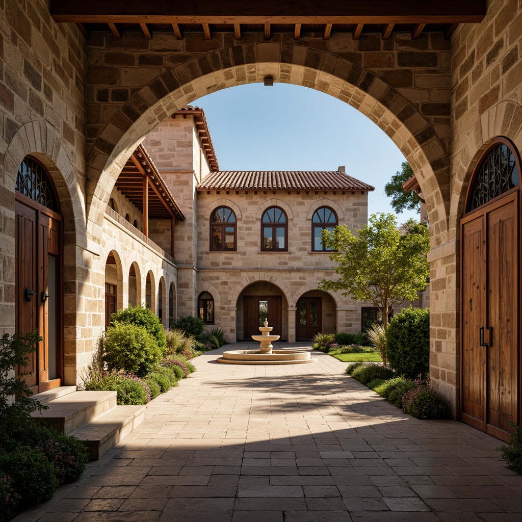 Prompt: Earthy monastery, rustic stone walls, weathered wooden doors, ornate ironwork, vaulted ceilings, stained glass windows, classic arches, symmetrical facades, serene courtyard, lush greenery, tranquil fountain, soft warm lighting, natural textures, realistic materials, ambient occlusion, 3/4 composition, panoramic view.