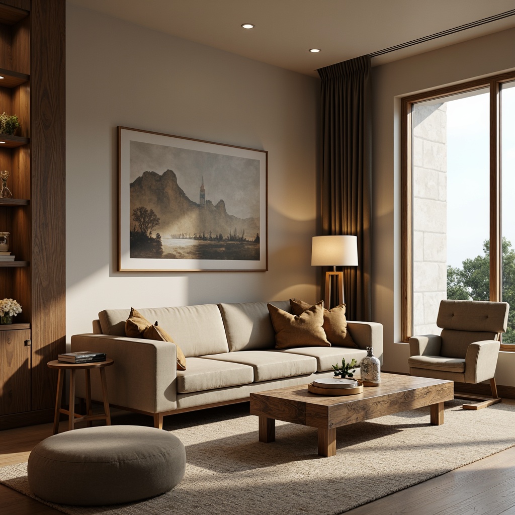 Prompt: Cozy living room, plush velvet sofa, reclaimed wood coffee table, soft beige carpet, modern minimalist chair, ergonomic desk, comfortable ottoman, stylish floor lamp, warm ambient lighting, natural linen upholstery, rustic wooden accents, earthy tone color palette, 1/1 composition, shallow depth of field, realistic textures, ambient occlusion.