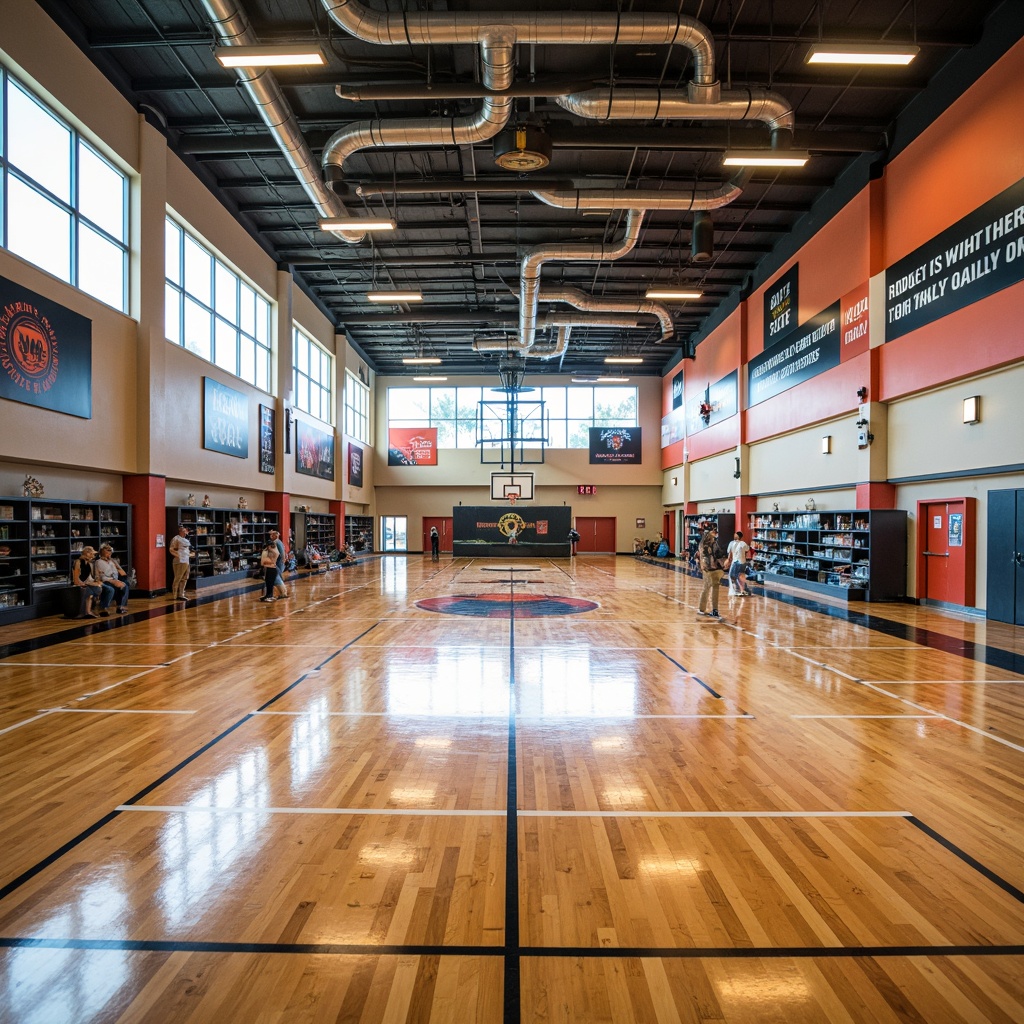 Prompt: Polished wooden floors, academic institution atmosphere, modern gymnasium setting, vibrant team colors, sports equipment storage, bleacher seating areas, motivational quotes, natural light pouring in, large windows, high ceilings, industrial-style lighting fixtures, athletic-themed murals, trophy display cases, inspirational slogans, rubber flooring accents, shock-absorbing materials, sound-absorbing panels, dynamic color schemes, 3/4 composition, shallow depth of field, panoramic view.