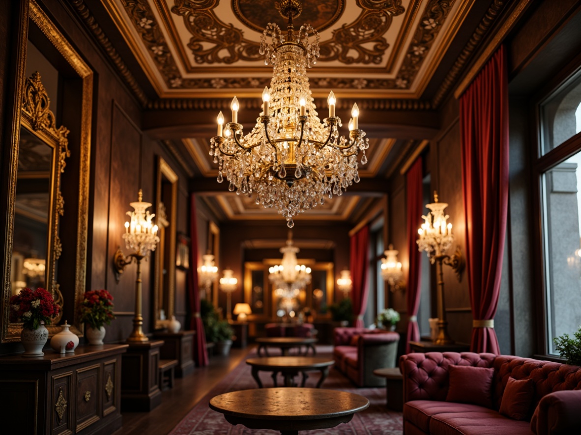 Prompt: Ornate chandeliers, crystal drops, gilded metalwork, velvet drapes, lavish furnishings, rich wood tones, intricate carvings, grandiose ceilings, ornamental mirrors, soft warm glow, golden lighting, dramatic shadows, opulent ambiance, 1/1 composition, shallow depth of field, realistic reflections, ambient occlusion.