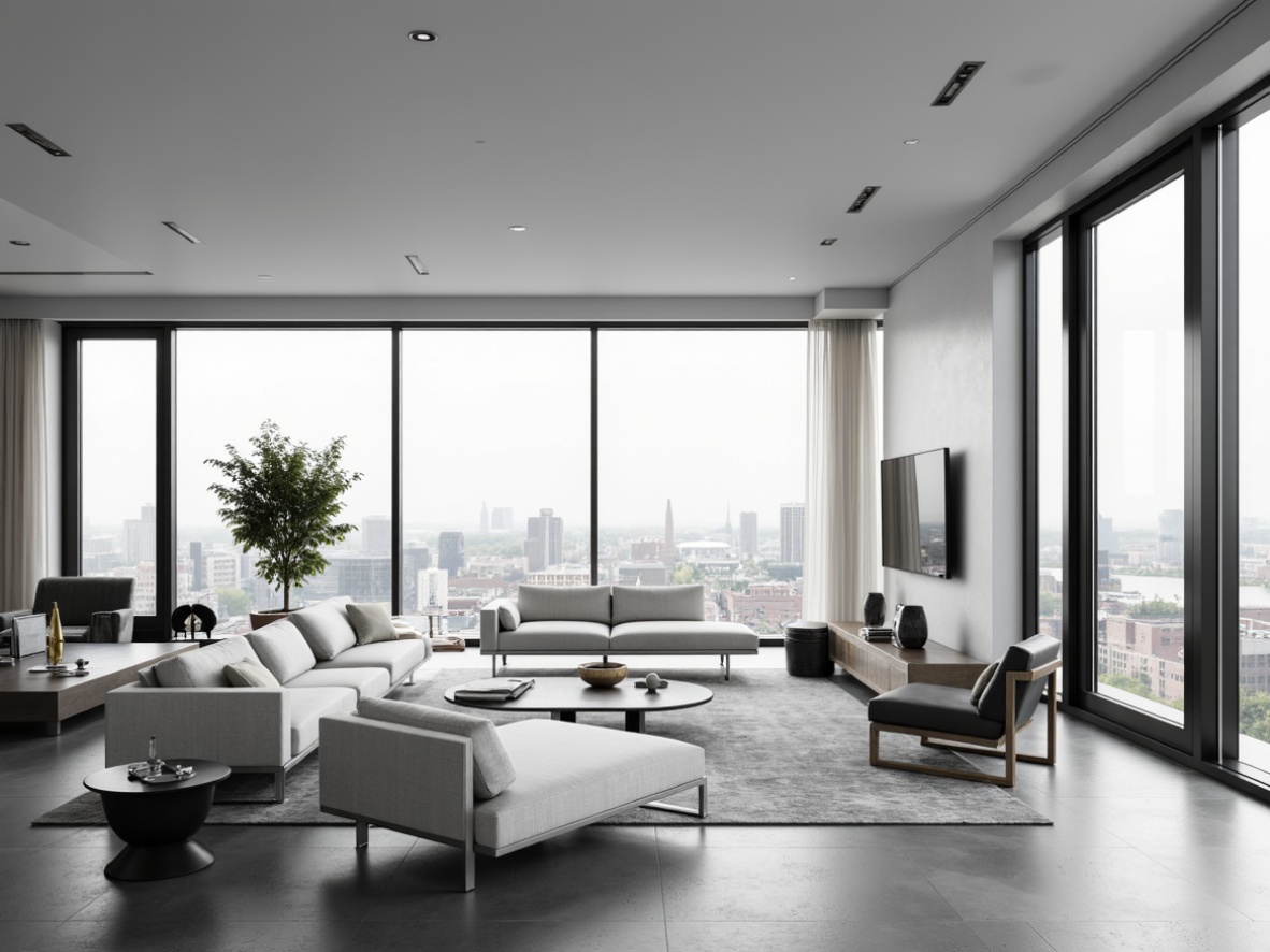 Prompt: Monochromatic color scheme, sleek lines, minimal ornamentation, polished chrome accents, low-profile furniture, spacious open floor plan, large windows, sliding glass doors, urban cityscape views, soft diffused lighting, shallow depth of field, 1/1 composition, panoramic view, realistic textures, ambient occlusion.