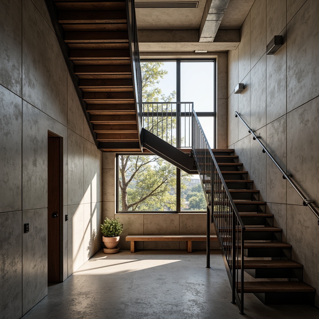 Prompt: Industrial staircase, metal framework, raw concrete walls, exposed ductwork, polished steel handrails, wooden treads, minimalist design, open risers, cantilevered steps, urban loft atmosphere, natural light pouring in, soft warm lighting, shallow depth of field, 3/4 composition, realistic textures, ambient occlusion.