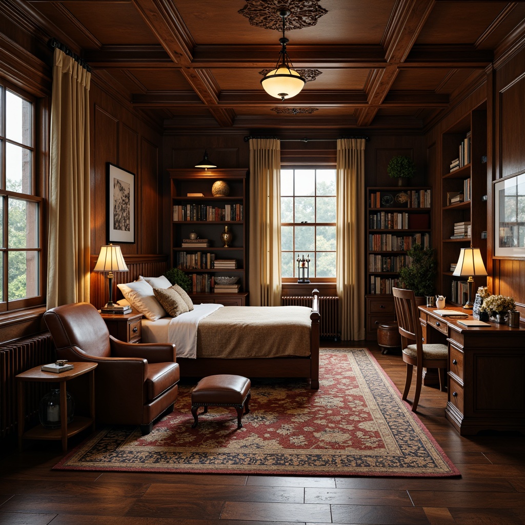 Prompt: Cozy dorm room, classic wood furniture, ornate carvings, rich brown leather upholstery, plush area rug, soft warm lighting, elegant desk lamp, traditional bookshelves, comfortable reading nook, sturdy wooden bedframe, vintage-inspired decor, symmetrical composition, 1/1 aspect ratio, shallow depth of field, natural textures, subtle color palette.