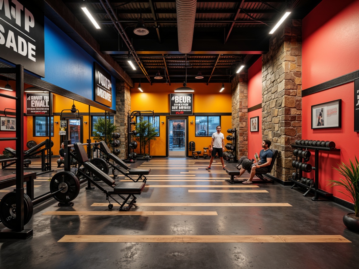 Prompt: Vibrant home gym, bold color scheme, energetic atmosphere, motivational quotes, fitness equipment, heavy-duty flooring, industrial-style lighting, metal accents, modern architecture, large mirrors, high ceilings, natural stone walls, sleek wood trim, dynamic shadows, warm ambient lighting, shallow depth of field, 2/3 composition, realistic textures, ambient occlusion.