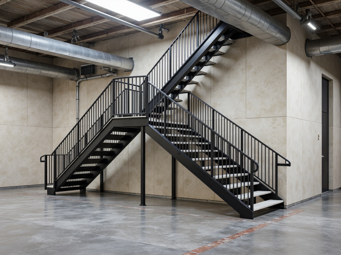 Prompt: Industrial staircase with metal railing, concrete walls, high-ceilinged space, exposed ductwork, steel beams, rugged flooring, non-slip surface, heavy-duty materials, textured finishes, neutral color palette, functional design, durable construction, low-maintenance requirements, anti-corrosive properties, moisture-resistant coatings, safety-first approach, OSHA compliance, heavy foot traffic, machinery integration, production-oriented atmosphere, utilitarian aesthetic, raw industrial feel.