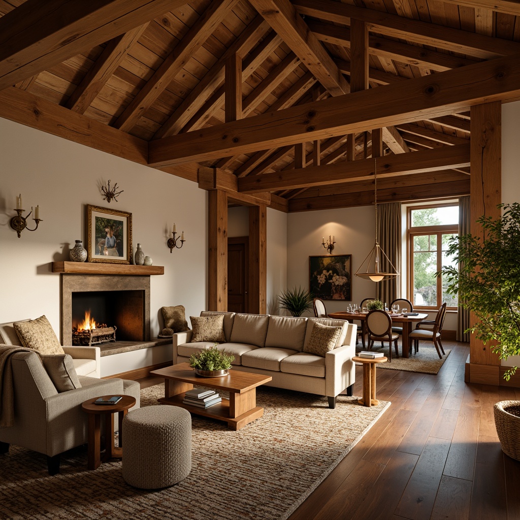 Prompt: Warm traditional community interior, earthy tones, rich wood accents, soft beige walls, comfortable plush furniture, vintage decorative items, cozy throw blankets, rustic wooden beams, natural stone fireplaces, warm golden lighting, inviting atmosphere, 3/4 composition, shallow depth of field, realistic textures, ambient occlusion.