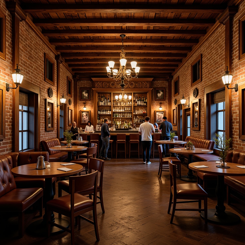 Prompt: Rustic wooden beams, vintage metal lanterns, classic brick walls, traditional bar atmosphere, ornate wooden accents, rich leather upholstery, dark wood flooring, warm golden lighting, intimate cozy spaces, elegant chandeliers, decorative moldings, luxurious velvet drapes, antique furniture pieces, distressed finishes, earthy color palette, 1/1 composition, softbox lighting, realistic textures.