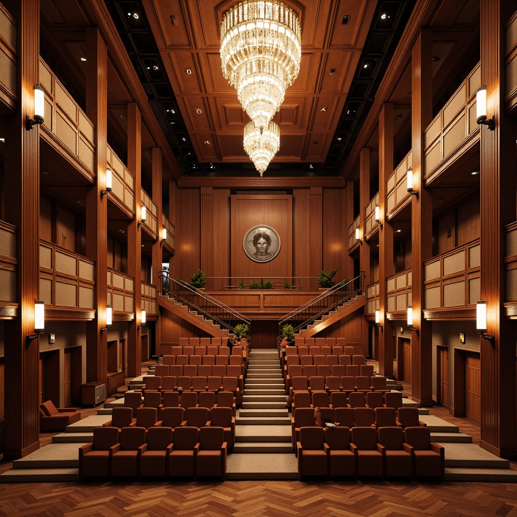 Prompt: Elegant academic auditorium, rich wood tones, ornate details, comfortable seating, sophisticated chandeliers, warm ambient lighting, subtle spotlighting, dramatic ceiling heights, grandiose staircases, luxurious carpets, refined acoustic panels, polished wooden floors, classic columns, softbox lights, warm white LED lighting, 3-point lighting, high-contrast ratio, cinematic atmosphere, realistic textures, detailed normal maps.