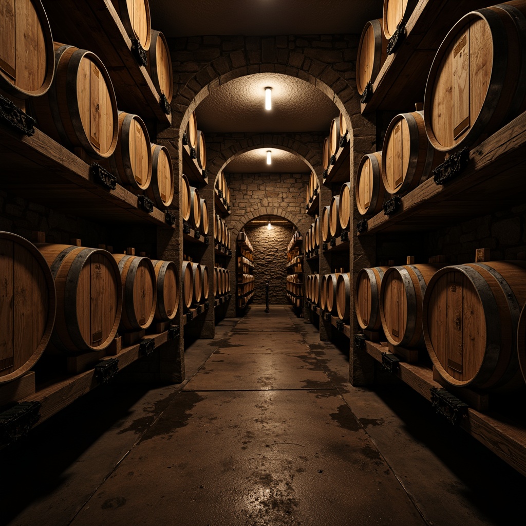 Prompt: Dark-stained wooden storage racks, ornate metalwork details, rustic stone walls, dimly lit ambiance, vintage wine barrels, aged wooden crates, traditional wine cellar atmosphere, earthy tones, rich wood textures, warm soft lighting, shallow depth of field, 1/2 composition, realistic reflections, ambient occlusion.