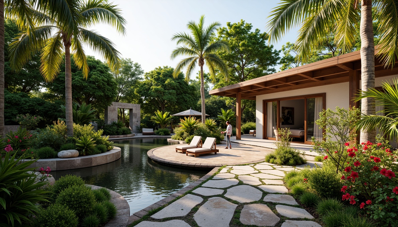 Prompt: Lush tropical garden, vibrant exotic plants, palm trees, colorful hibiscus flowers, natural stone pathways, wooden decking, modern tropical architecture, large overhanging roofs, sliding glass doors, warm sunny day, soft diffused lighting, shallow depth of field, 3/4 composition, panoramic view, realistic textures, ambient occlusion, water features, Koi ponds, natural rock formations, earthy tone materials, organic shapes, curved lines, eclectic decorative elements, woven rattan furniture, natural fiber textiles.