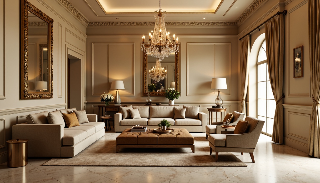 Prompt: Elegant family room, neoclassical style, warm beige walls, cream-colored marble floors, plush sectional sofa, velvet armchairs, ornate wooden coffee table, crystal chandelier, rich brown leather ottoman, gilded mirror frames, intricate carvings, soft golden lighting, 1/1 composition, symmetrical arrangement, realistic textures, ambient occlusion.