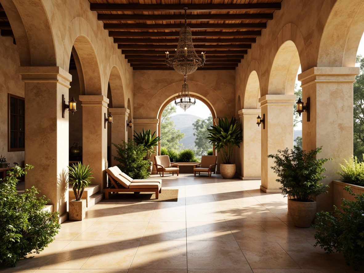 Prompt: Grand Mediterranean great room, high ceilings, arched openings, ornate archways, rustic stone walls, polished marble floors, warm beige colors, elegant chandeliers, lush greenery, potted plants, natural light pouring in, soft warm ambiance, 1/1 composition, shallow depth of field, realistic textures, ambient occlusion.