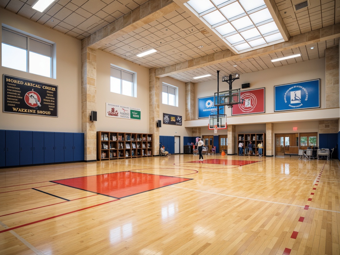 Prompt: Polished wooden flooring, athletic court markings, sports equipment storage, academic crest emblems, natural stone accents, modern gymnasium architecture, high ceilings, clerestory windows, soft diffused lighting, shallow depth of field, 3/4 composition, panoramic view, realistic textures, ambient occlusion, school logo displays, motivational quotes, trophy showcases, lockers and benches, athletic flooring mats, sound-absorbing materials, durable surfaces, slip-resistant coatings, vibrant color schemes.