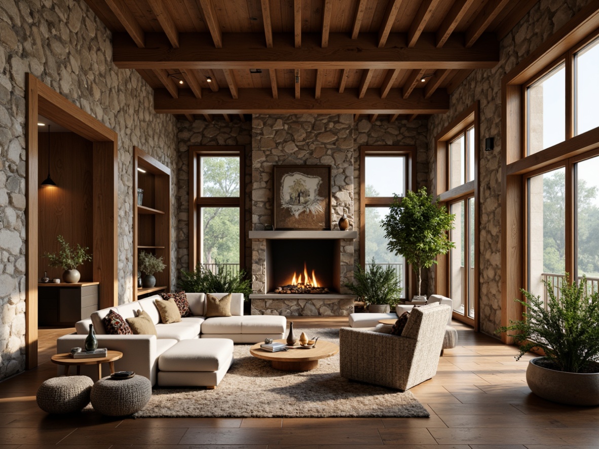 Prompt: Rustic great room, textured walls, natural stone accents, earthy color palette, cozy seating area, plush throw blankets, wooden ceiling beams, large windows, warm soft lighting, shallow depth of field, 3/4 composition, realistic textures, ambient occlusion.