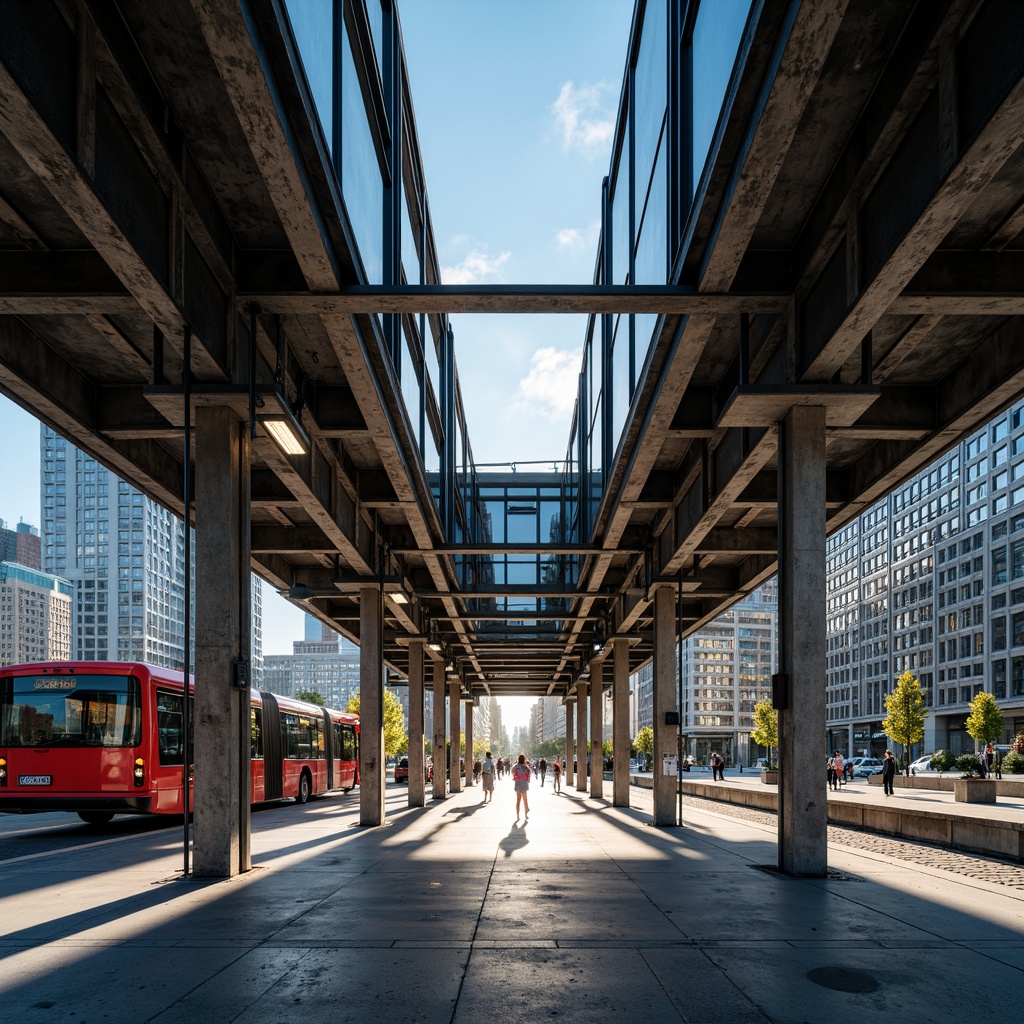 Prompt: Geometric bus station, angular steel framework, minimalist design, industrial materials, concrete floors, metal beams, functional lighting fixtures, exposed ductwork, bold color accents, rectangular windows, flat roofs, urban cityscape, morning sunlight, soft diffused light, high contrast shadows, dramatic spotlights, 1/1 composition, symmetrical framing, sharp geometric shapes, brutalist architecture, urban modernity.