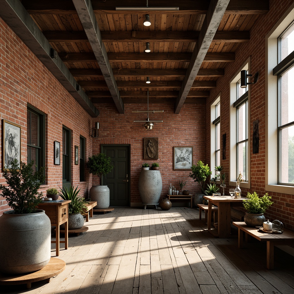 Prompt: Rustic industrial interior, exposed brick walls, distressed wooden accents, metal beams, reclaimed wood flooring, vintage decorative items, earthy color palette, soft natural lighting, 1/1 composition, shallow depth of field, warm atmospheric mood, realistic textures, ambient occlusion.