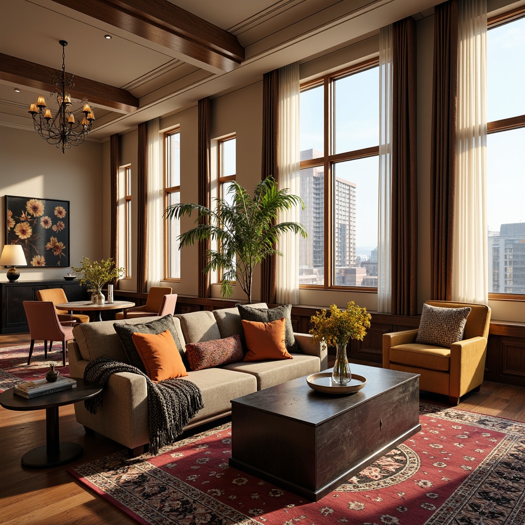 Prompt: Cozy living room, plush throw pillows, soft velvet upholstery, chunky knit blankets, warm beige walls, dark wood accents, floor-to-ceiling windows, natural daylight, sheer curtains, elegant chandeliers, comfortable seating arrangements, rich leather armchairs, vibrant colorful patterns, intricate geometric motifs, tactile woven fabrics, sumptuous drapery, inviting ambiance, relaxed atmosphere, 1/1 composition, softbox lighting, warm color palette.