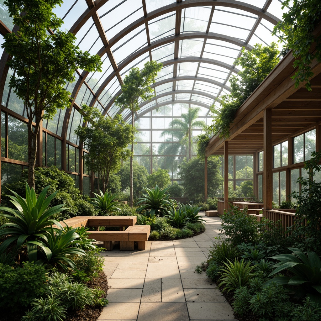 Prompt: Vibrant botanical greenhouse, lush tropical plants, misty atmosphere, wooden trellis, steel frames, transparent glass roofs, natural stone flooring, earthy tones, organic forms, curved lines, sustainable materials, eco-friendly systems, automatic irrigation, climate control technologies, soft diffused lighting, warm color palette, shallow depth of field, 1/1 composition, realistic textures, ambient occlusion.