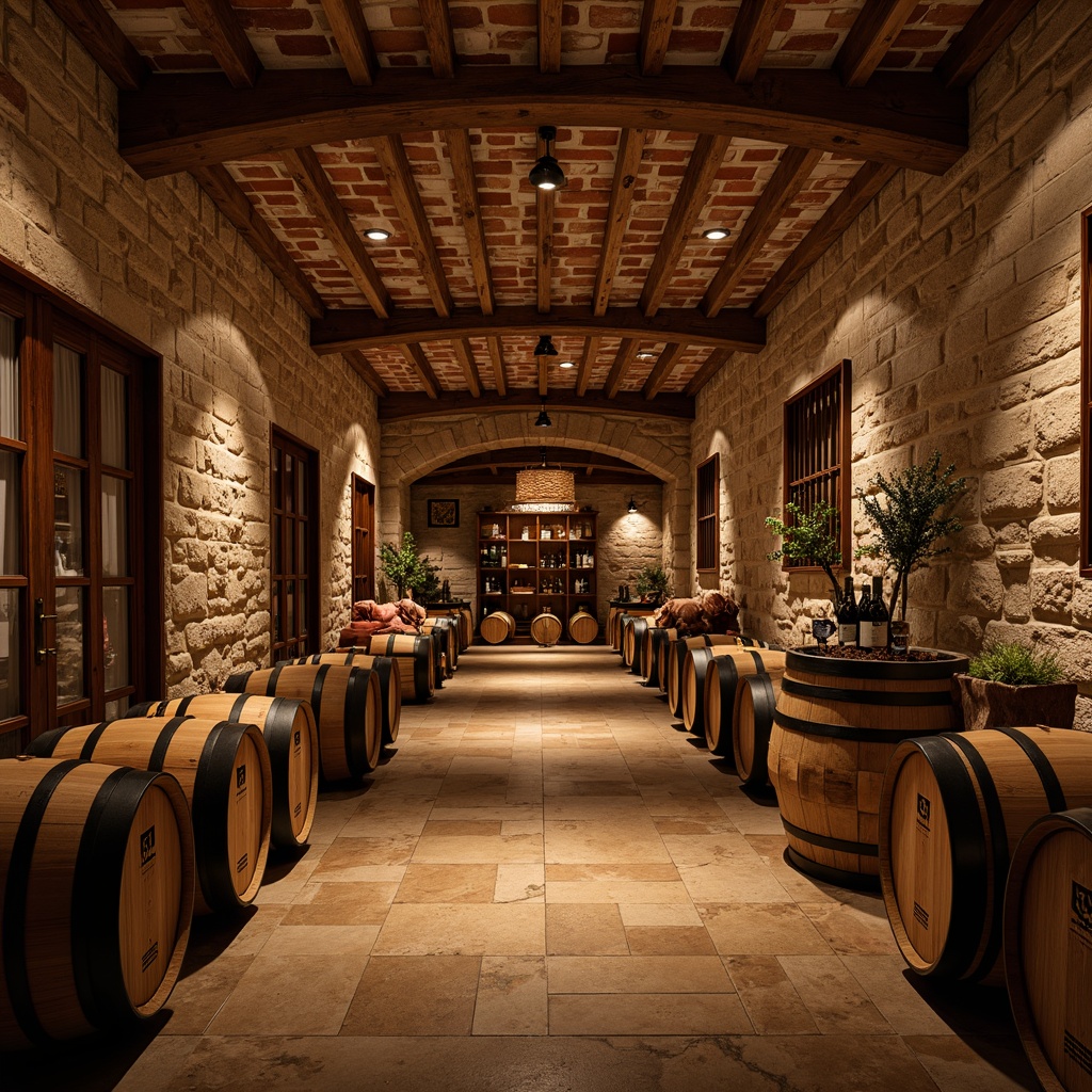 Prompt: Rustic wine cellar, stone walls, brick arches, wooden barrels, oak casks, dim warm lighting, earthy aroma, natural stone floors, aged wooden beams, traditional French doors, wrought iron decor, vintage winemaking equipment, ceramic tiles, rich wood tones, soft warm ambiance, cozy intimate atmosphere, classic wine labels, old world charm, subtle earthy colors, mellow golden lighting.