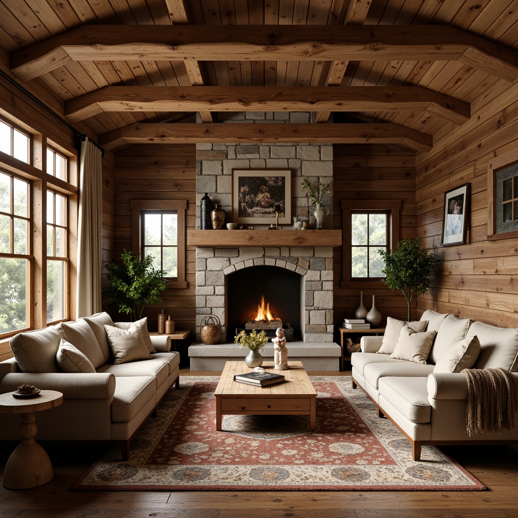 Prompt: Cozy cabin-style interior, wooden accents, handcrafted furniture, ornate carvings, rustic wood textures, earthy color palette, natural stone fireplace, vintage metal fixtures, warm ambient lighting, soft shadows, shallow depth of field, 2/3 composition, realistic wood grain, intricate joinery details, distressed finishes, nature-inspired patterns, warm beige tones, comfortable seating areas, plush throw blankets, traditional craftsmanship, authentic rustic charm.