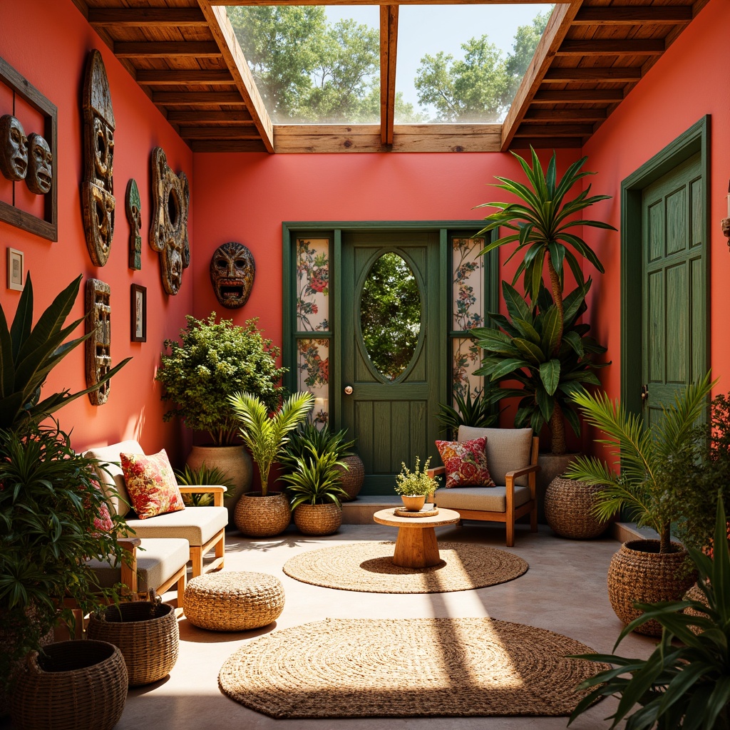 Prompt: Vibrant tropical craft room, bright coral walls, warm wooden accents, lush greenery, exotic floral patterns, colorful tiki masks, woven rattan furniture, natural fiber rugs, sunny skylight, soft warm lighting, shallow depth of field, 3/4 composition, realistic textures, ambient occlusion.