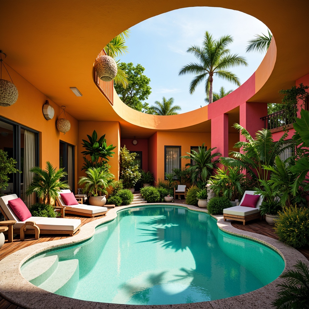 Prompt: Vibrant indoor swimming pool, expressionist architecture, curved lines, bold colors, tropical plants, exotic flowers, palm trees, ferns, hanging baskets, natural stone walls, wooden decks, turquoise water, sunlight filtering, warm ambiance, soft focus, shallow depth of field, 1/1 composition, wide-angle lens, realistic textures, ambient occlusion.