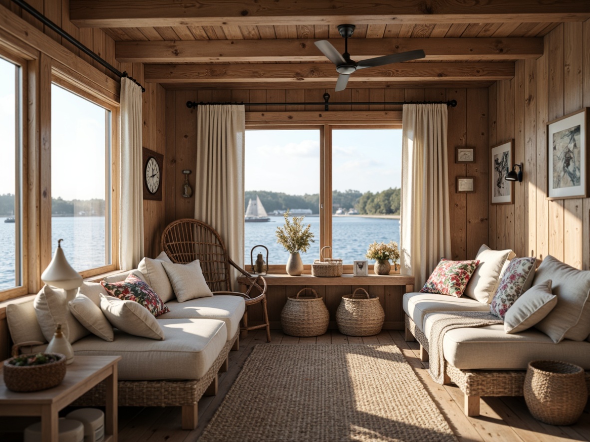 Prompt: Rustic boathouse, French country style, wooden accents, distressed finishes, vintage nautical elements, soft cushions, plush throws, natural fabrics, linen upholstery, velvet drapes, woven wicker furniture, floral patterns, subtle stripes, creamy whites, weathered wood tones, soft warm lighting, shallow depth of field, 1/1 composition, intimate atmosphere, cozy textures, ambient occlusion.