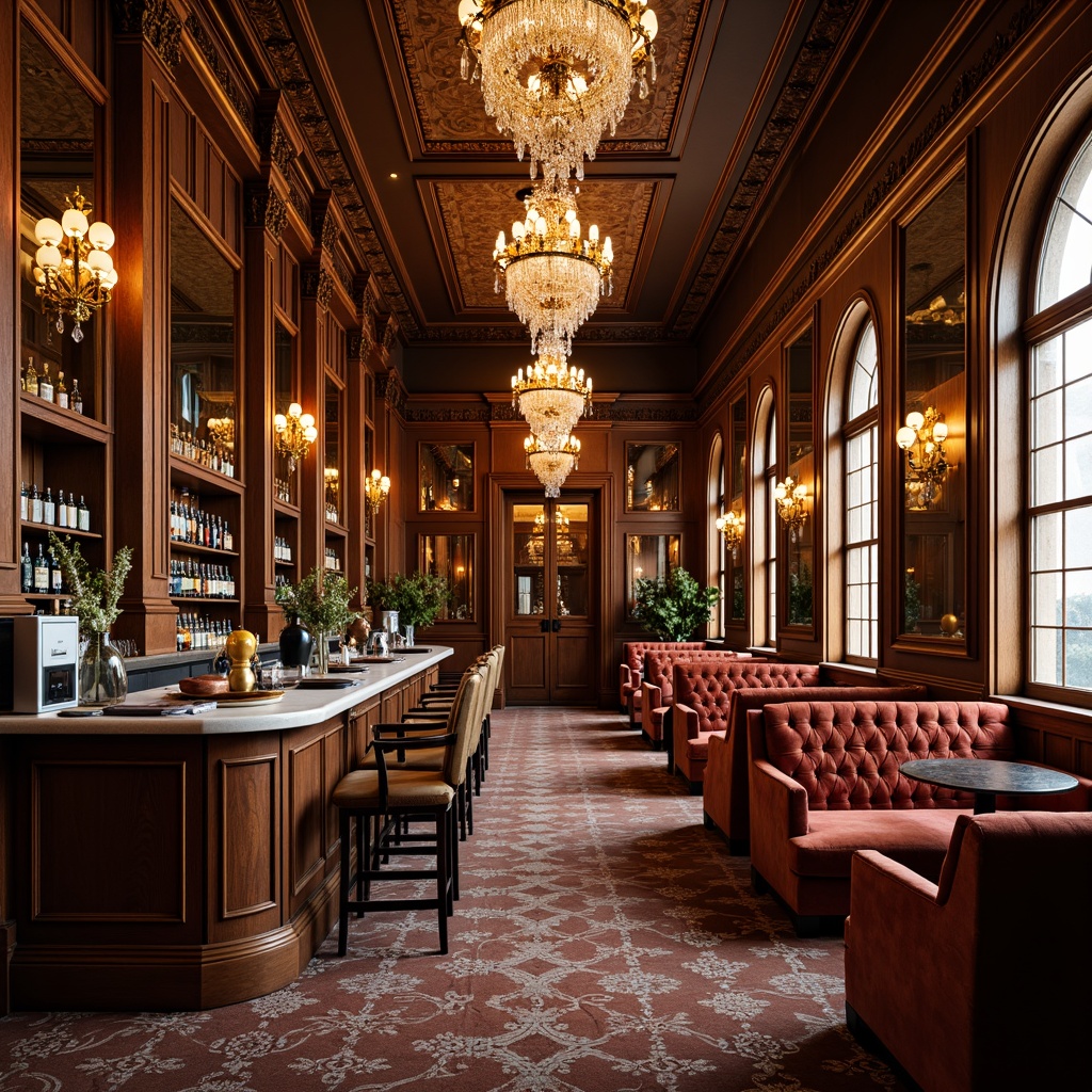 Prompt: Luxurious pub interior, rich wood tones, ornate furnishings, velvet upholstery, gilded frames, crystal chandeliers, marble countertops, intricate carvings, lavish textiles, grandiose mirrors, opulent color palette, warm golden lighting, shallow depth of field, 2/3 composition, realistic reflections, ambient occlusion.