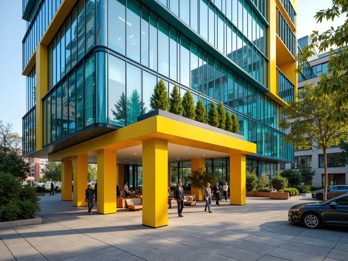 Prompt: Vibrant office building, bold color accents, sleek glass fa\u00e7ade, modern minimalist architecture, bright yellow pillars, deep blue window frames, emerald green rooftop garden, rich wood textures, polished metal details, spacious open floor plan, natural light pouring in, 1/1 composition, shallow depth of field, warm soft lighting, realistic material reflections, ambient occlusion.