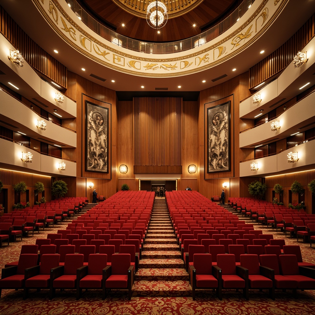 Prompt: Elegant opera house, mid-century modern style, curved lines, wooden accents, plush red velvet seats, ornate golden details, high ceilings, grand chandeliers, acoustic panels, sound-absorbing materials, diffused lighting, warm neutral tones, richly textured carpets, subtle geometric patterns, sophisticated ambiance, 1/2 composition, shallow depth of field, soft warm lighting, realistic reflections.