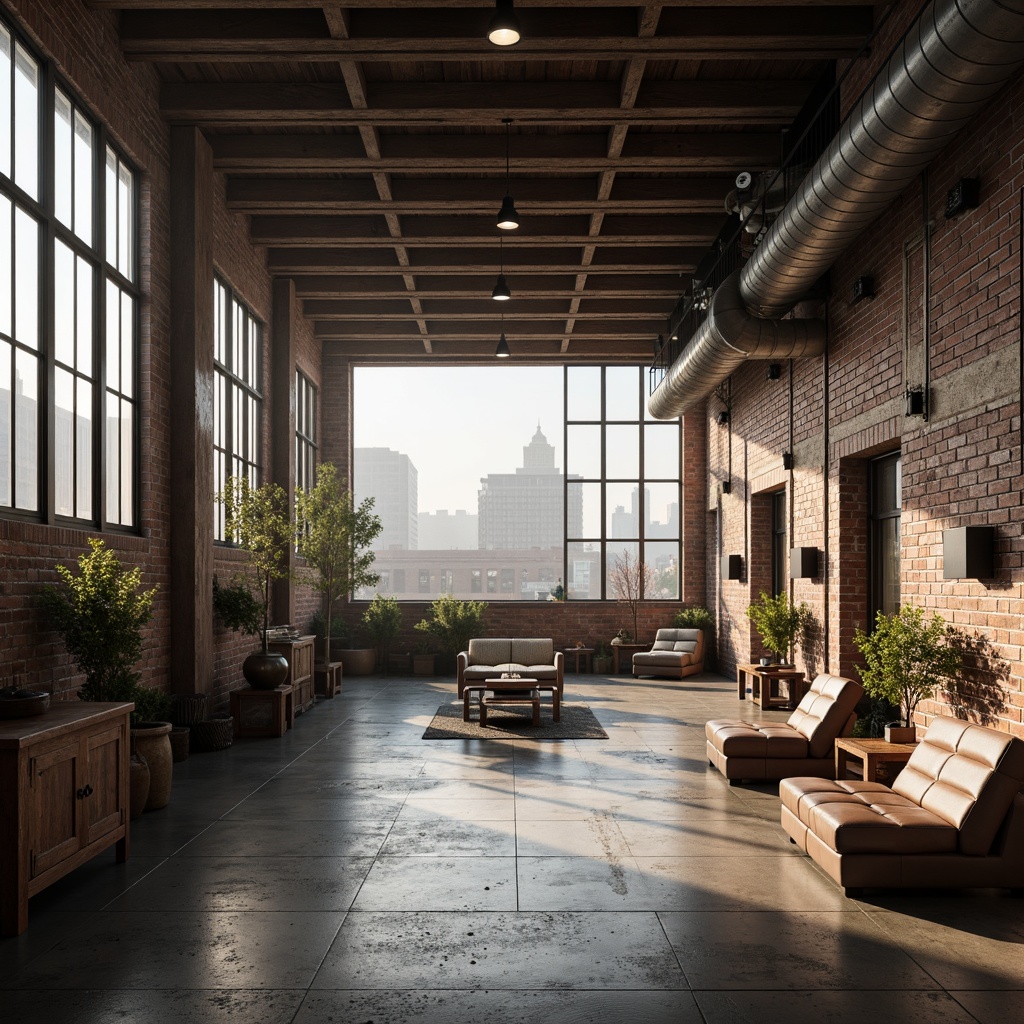 Prompt: Exposed brick walls, metal beams, reclaimed wood accents, industrial-style lighting fixtures, distressed concrete floors, urban cityscape views, modern minimalist decor, functional steel pipes, vintage manufacturing equipment, neutral color palette, natural textiles, brutalist architecture, dramatic high ceilings, large factory windows, atmospheric foggy day, low-key warm lighting, shallow depth of field, 2/3 composition, cinematic mood.