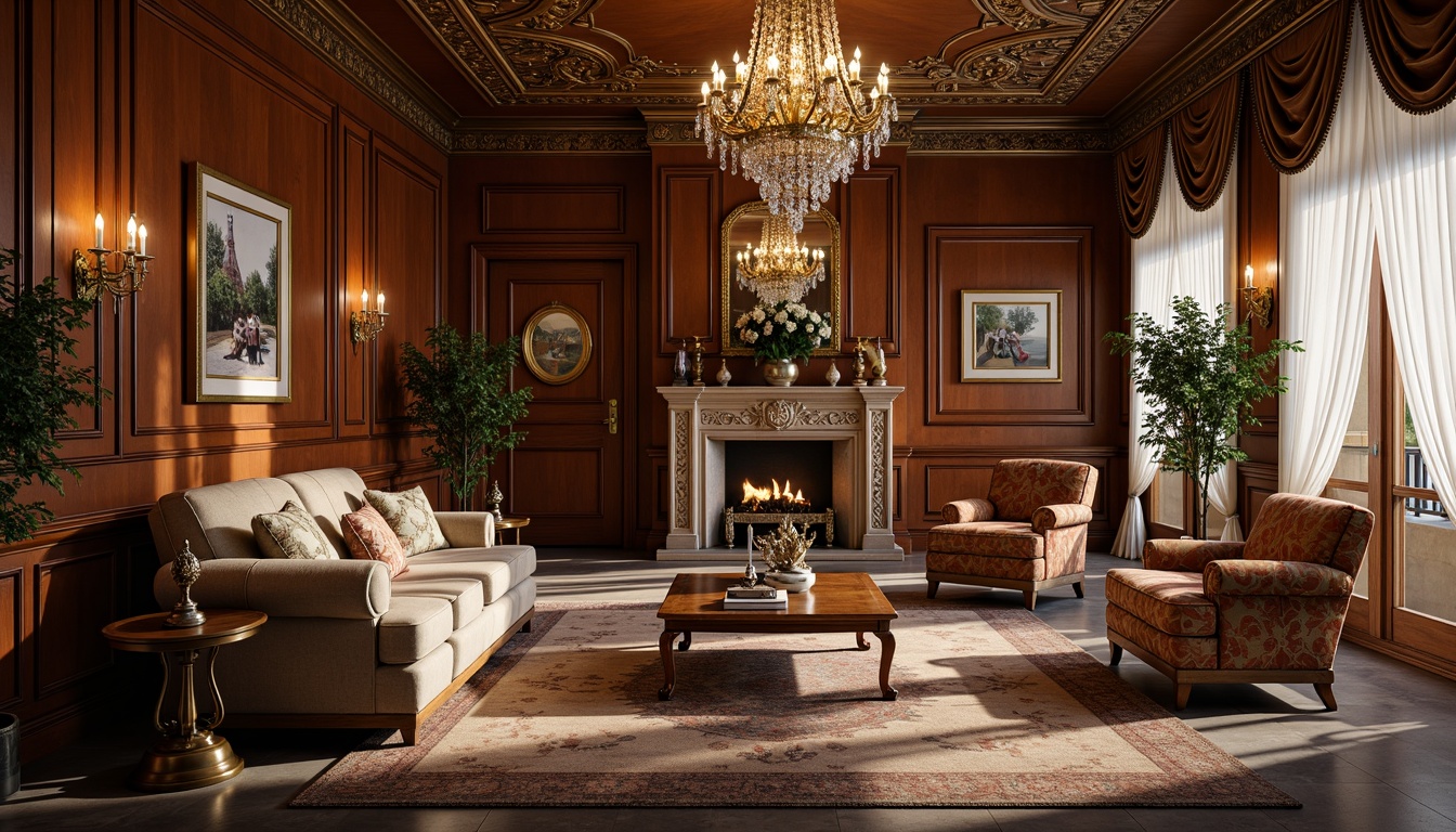 Prompt: Elegant interior, ornate moldings, rich wood tones, velvet upholstery, carved furniture, gilded accents, crystal chandeliers, marble floors, intricate patterns, subtle color palette, soft warm lighting, shallow depth of field, 1/1 composition, realistic textures, ambient occlusion, refined proportions, harmonious balance, luxurious fabrics, antique pieces, sophisticated ambiance.