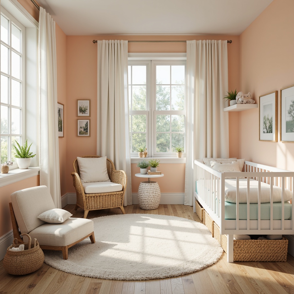 Prompt: Soft peach walls, creamy whites, light blues, minty greens, sandy neutrals, calming coastal colors, driftwood furniture, natural textiles, woven baskets, sea-inspired accents, ocean-breeze feel, gentle sunlight, soft focus, shallow depth of field, 1/1 composition, warm and inviting atmosphere, cozy reading nook, plush area rug, adorable baby decor, nursery essentials.