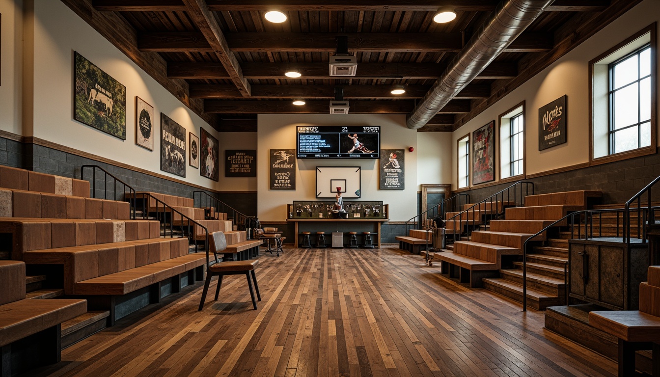 Prompt: Rustic wooden bleachers, sturdy metal lockers, vintage athletic equipment, distressed leather benches, rich wood tone flooring, classic scoreboard, industrial-style lighting fixtures, exposed ductwork, motivational quotes, athletic-inspired artwork, natural stone walls, earthy color palette, warm atmospheric lighting, shallow depth of field, 1/1 composition, realistic textures, ambient occlusion.