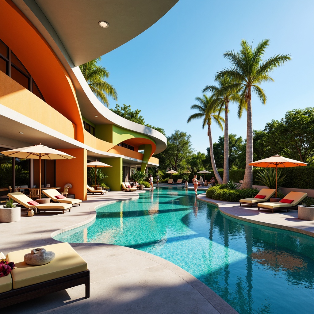 Prompt: Vibrant swimming pool, expressionist architecture, curved lines, bold colors, abstract patterns, luxurious lounge chairs, sleek metal frames, colorful umbrellas, outdoor sofas, minimalist coffee tables, decorative planters, tropical palm trees, sunny day, warm lighting, shallow water effects, 3/4 composition, panoramic view, realistic textures, ambient occlusion.