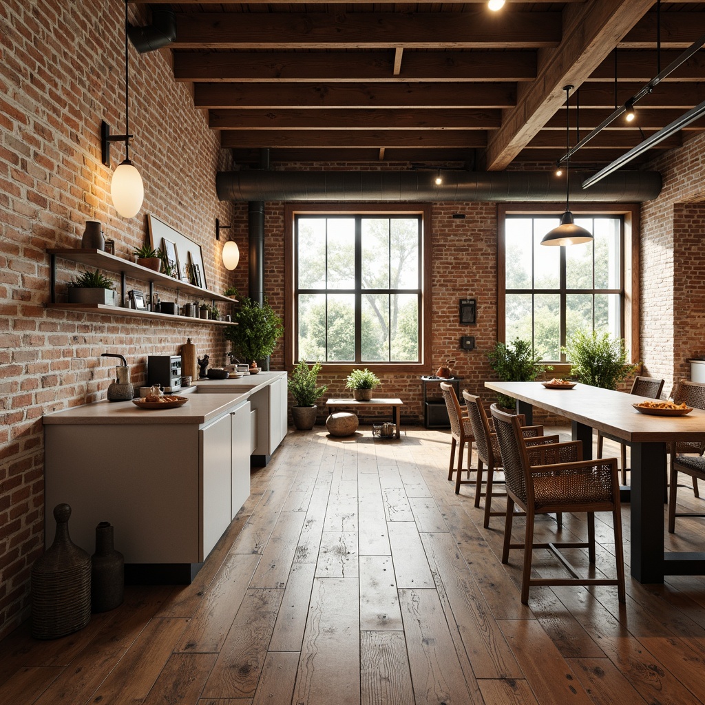 Prompt: Exposed brick walls, reclaimed wooden floors, natural stone countertops, woven rattan furniture, linen upholstery, earthy color palette, industrial metal accents, minimalist decor, urban loft atmosphere, high ceilings, large windows, abundant natural light, soft warm lighting, shallow depth of field, 3/4 composition, realistic textures, ambient occlusion.