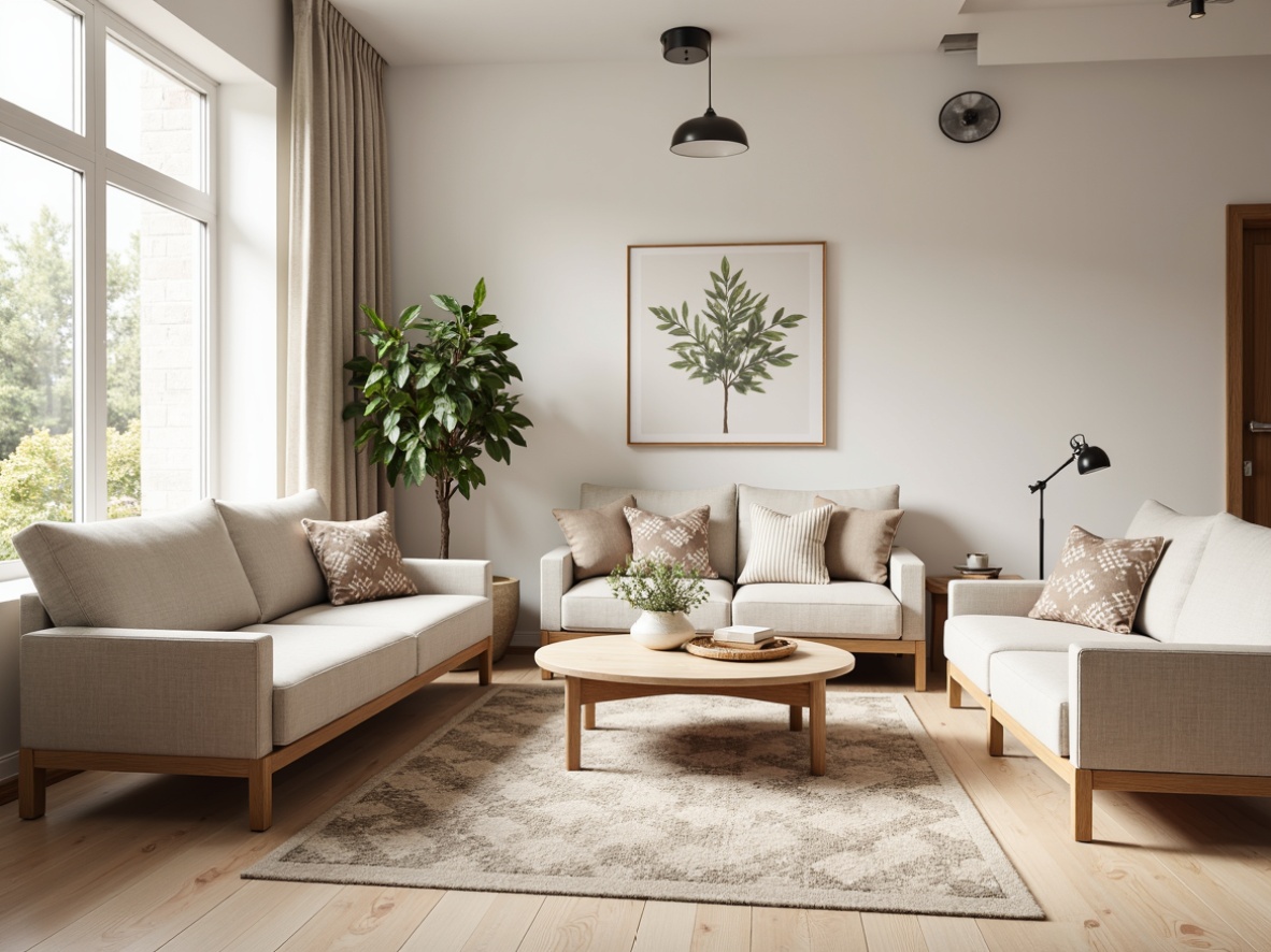 Prompt: Cozy living room, light wood flooring, minimalistic furniture, soft pastel colors, natural textiles, sleek lines, functional design, Scandinavian-inspired decor, large windows, abundant natural light, airy atmosphere, Nordic-style rugs, modern sofas, geometric-patterned throw pillows, industrial-chic lighting fixtures, wooden wall accents, clean-lined coffee tables, botanical artwork, greenery, warm beige tones, softbox lighting, 1/1 composition, realistic textures.