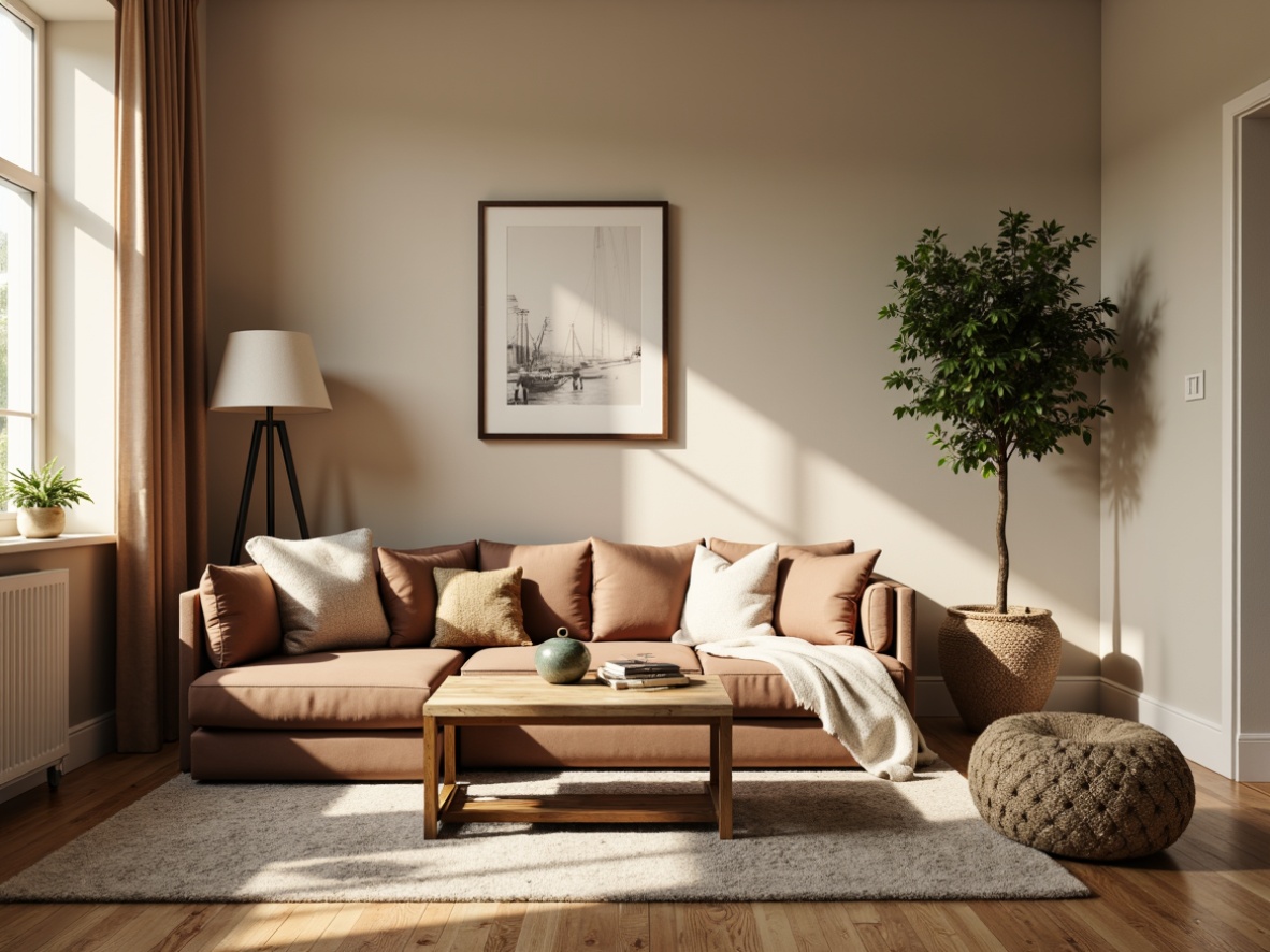 Prompt: Cozy living room, plush area rug, warm beige walls, comfortable sectional sofa, oversized accent pillows, natural wood coffee table, metallic side tables, potted greenery, softbox lighting, 1/1 composition, intimate atmosphere, velvet upholstery, tufted ottoman, woven baskets, minimalist decor, organic shapes, earthy tones, calm ambiance, shallow depth of field.