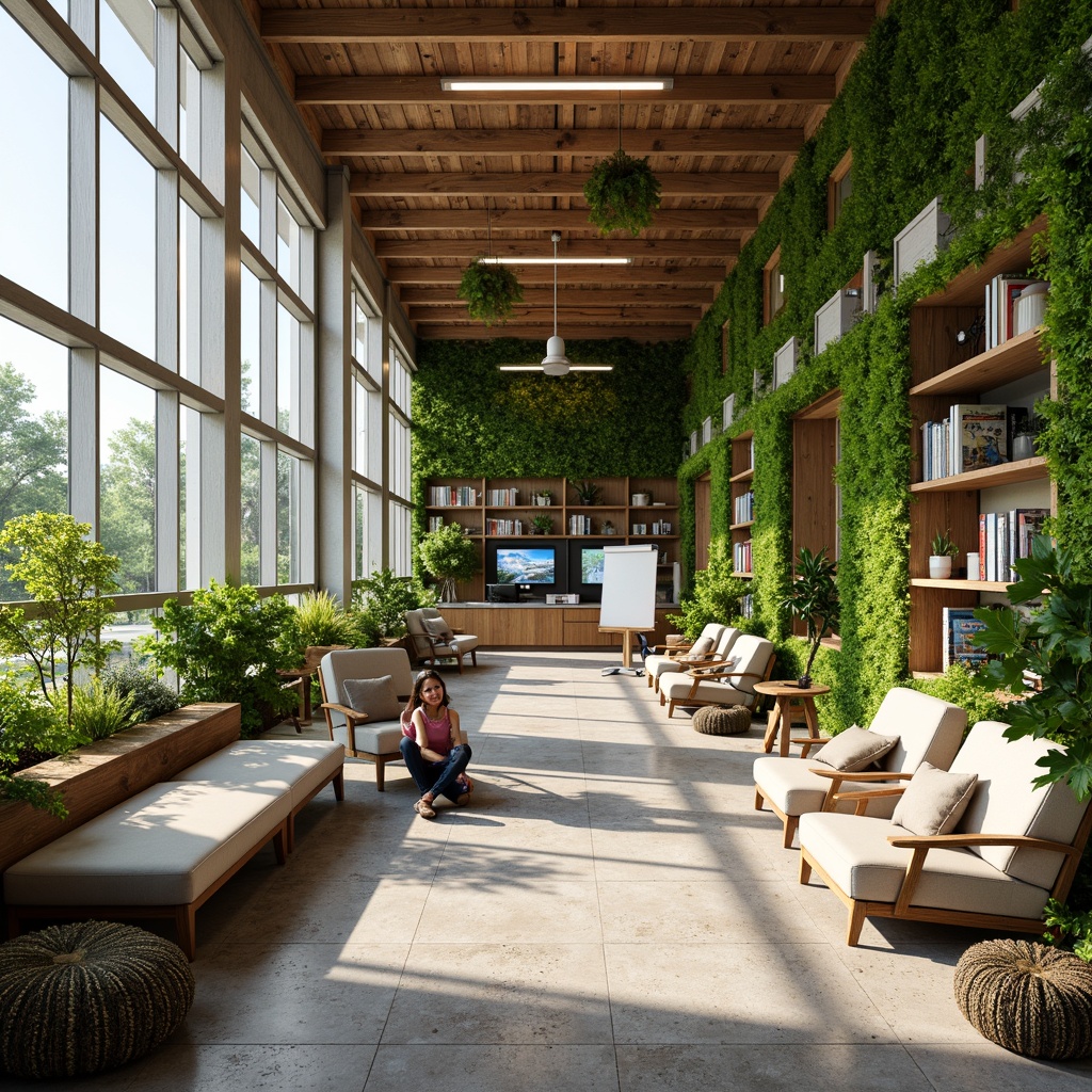 Prompt: Eco-friendly academic hub, lush green walls, living plants, reclaimed wood accents, natural stone flooring, energy-efficient lighting, solar-powered systems, rainwater harvesting, organic textiles, minimalist decor, ergonomic furniture, collaborative workspaces, floor-to-ceiling windows, abundant natural light, warm color scheme, cozy reading nooks, modular shelving units, interactive whiteboards, state-of-the-art audiovisual equipment, 1/1 composition, softbox lighting, realistic materials, ambient occlusion.